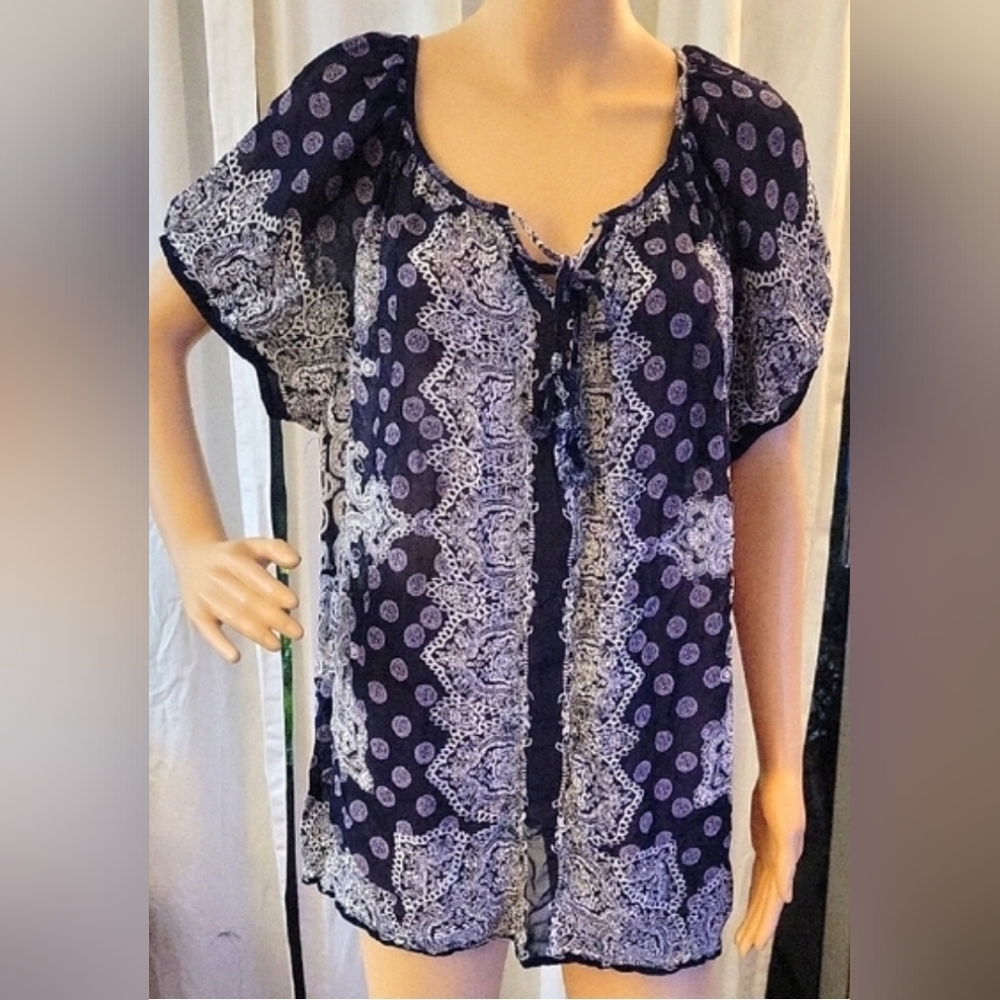 Navy and White Women's Top by Bila size XXL.